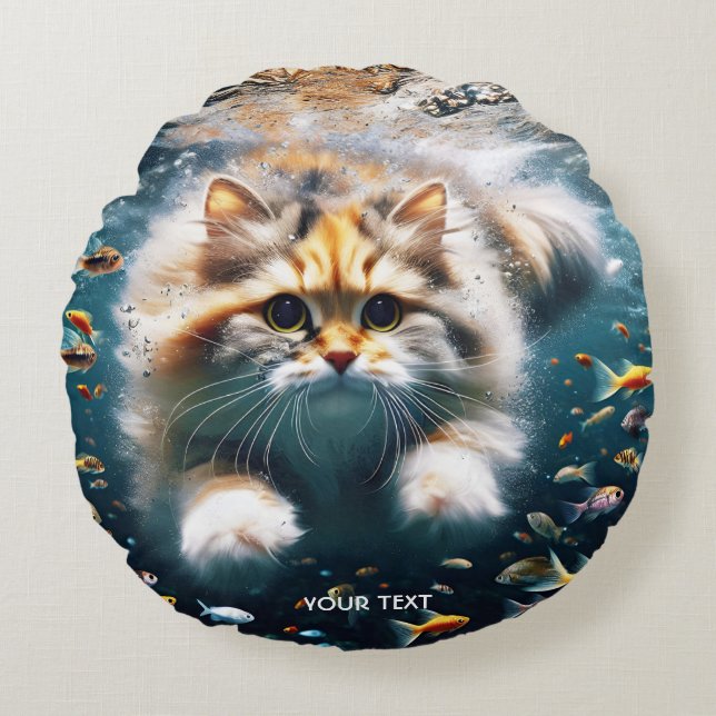 Fantasy Cute Cat Swimming Underwater Round Pillow (Front)