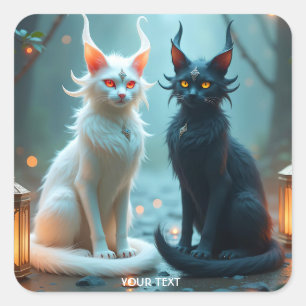 Fantasy Cute Cats Black White Square Sticker