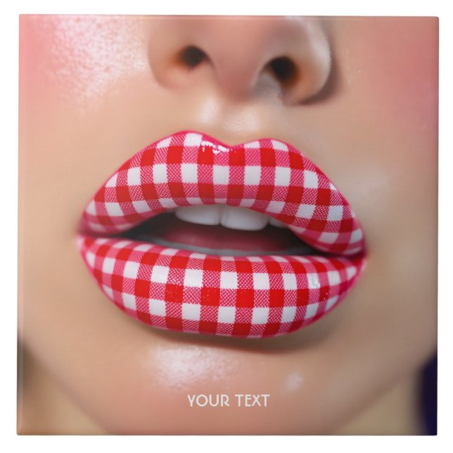 Fantasy Cute Chequered Red Lips  Tile (Front)