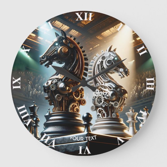 Fantasy Cute Chess Knights Pieces Large Clock (Front)