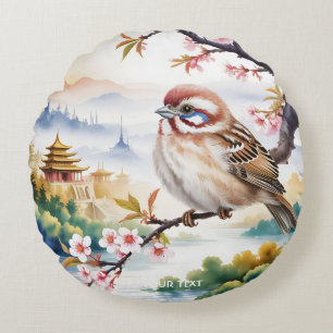 Fantasy Cute Chinese Bird Blossom Round Pillow