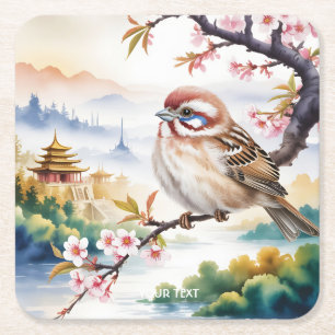 Fantasy Cute Chinese Bird Blossom Square Paper Coaster