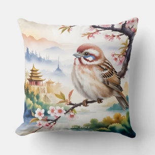 Fantasy Cute Chinese Bird Blossom Throw Pillow