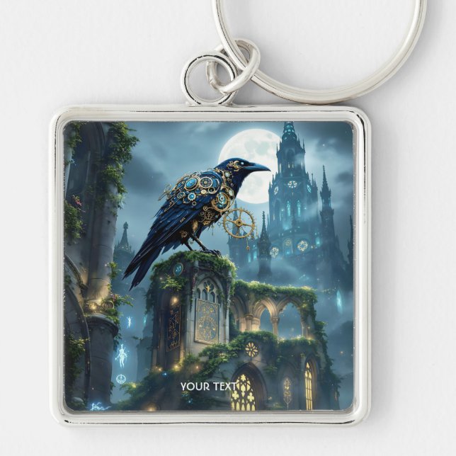 Fantasy Cute Clockwork Raven Cathedral Keychain (Front)