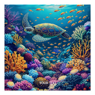 Fantasy Cute Coral Reef Turtle Poster