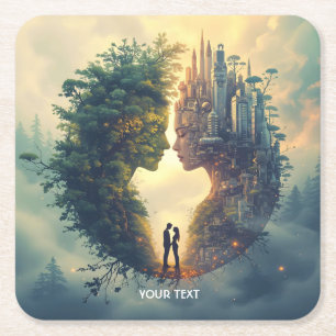 Fantasy Cute Couple Forest City Square Paper Coaster