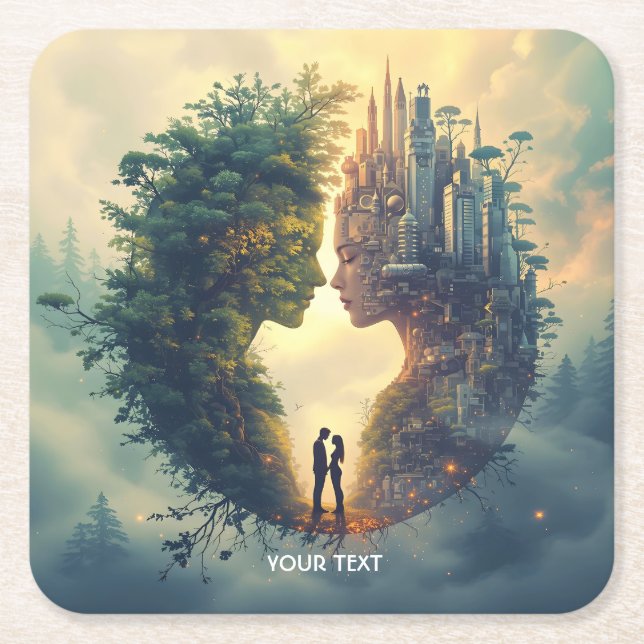 Fantasy Cute Couple Forest City Square Paper Coaster (Front)