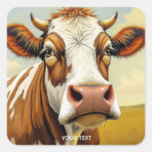 Fantasy Cute Cow Field Clouds Square Sticker