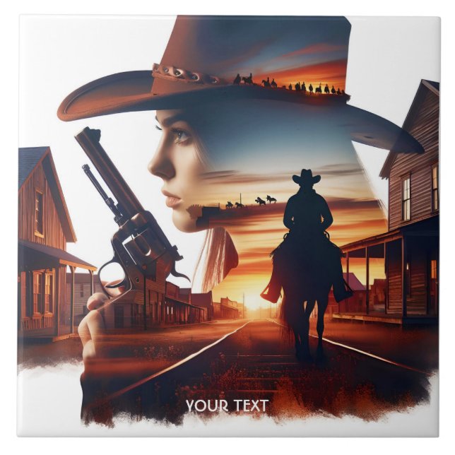 Fantasy Cute Cowgirl Cowboy Town Tile (Front)
