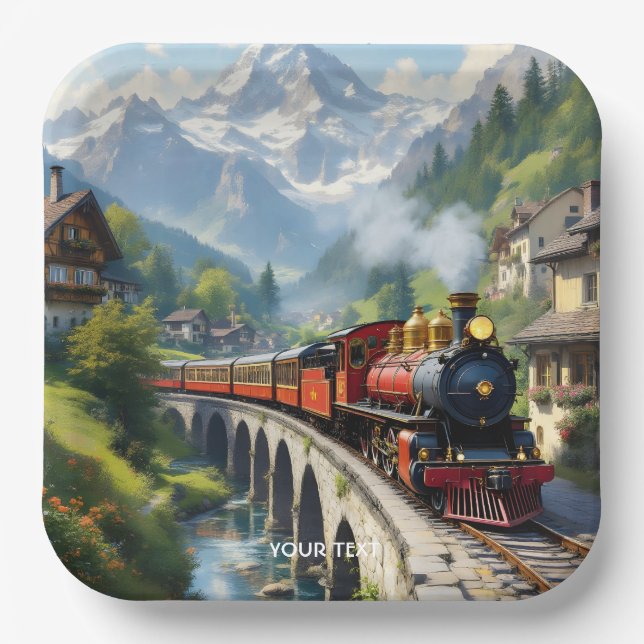 Fantasy Cute Crimson Antique Train Paper Plate (Front)