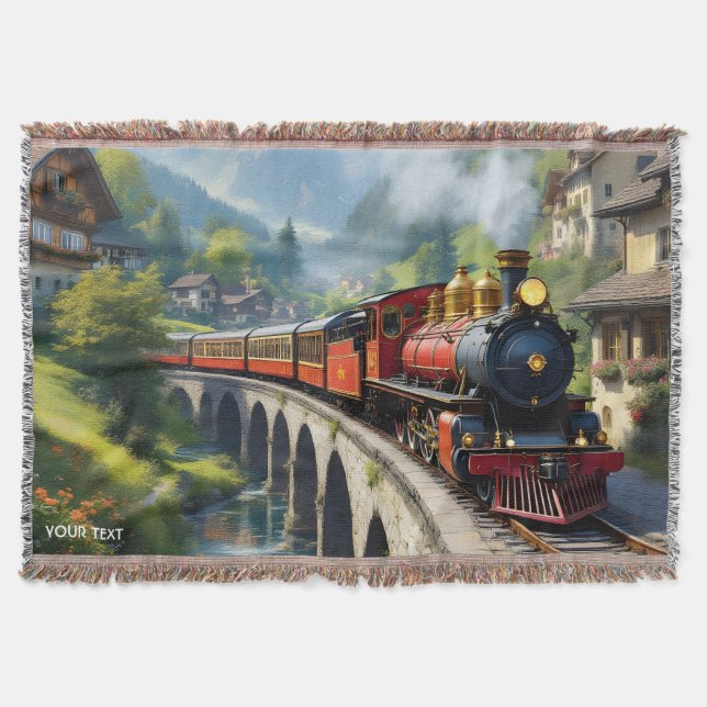 Fantasy Cute Crimson Antique Train Throw Blanket (Front)