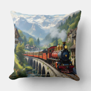Fantasy Cute Crimson Antique Train Throw Pillow