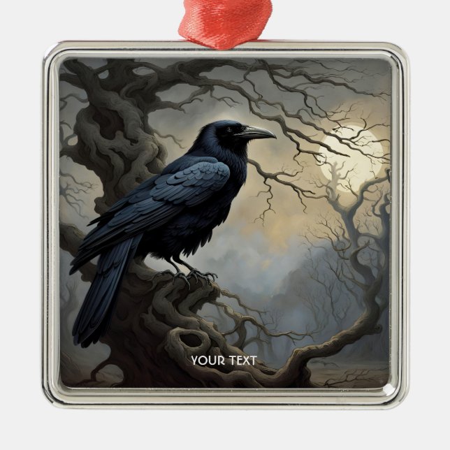 Fantasy Cute Crow Tree Darkness Metal Ornament (Front)