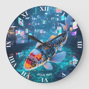 Fantasy Cute Cyber Fish City Large Clock