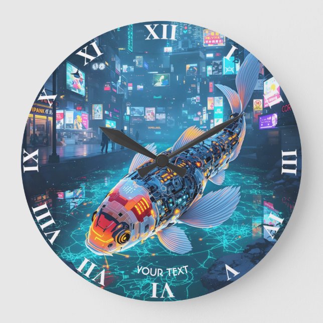 Fantasy Cute Cyber Fish City Large Clock (Front)
