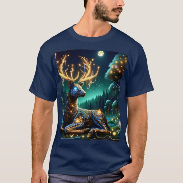 Fantasy Cute Cyber Stag Forest T-Shirt (Front)