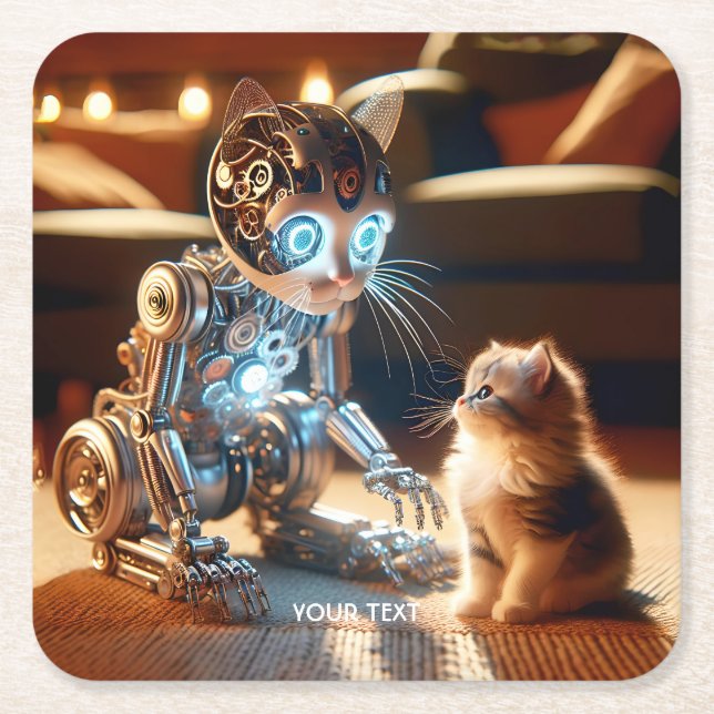 Fantasy Cute Cyborg Cat Kitten Square Paper Coaster (Front)