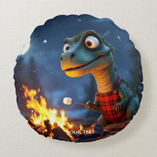 Fantasy Cute Dino Campfire Moon Round Pillow