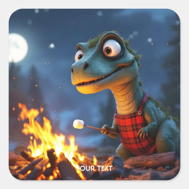 Fantasy Cute Dino Campfire Moon Square Sticker (Front)