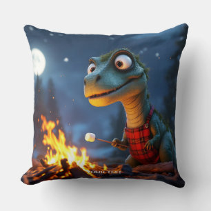 Fantasy Cute Dino Campfire Moon Throw Pillow
