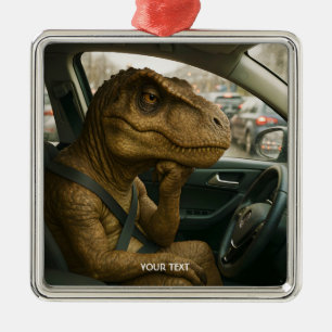 Fantasy Cute Dinosaur Driving Car Metal Ornament