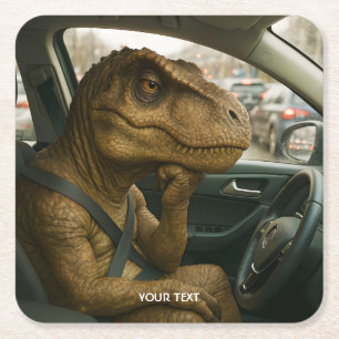 Fantasy Cute Dinosaur Driving Car Square Paper Coaster