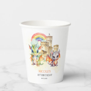 Fantasy Cute Dragon Castle Rainbow Kids Birthday Paper Cups