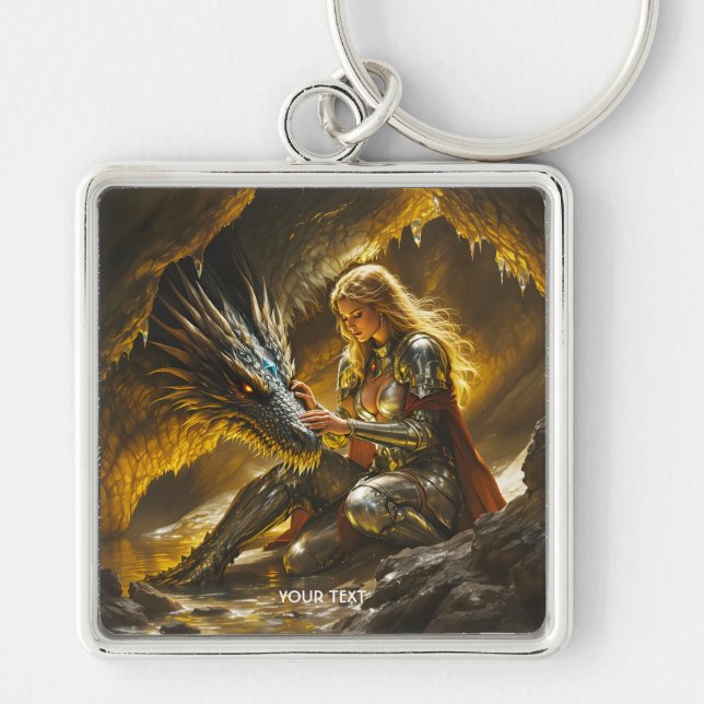 Fantasy Cute Dragon Female Warrior Keychain (Front)