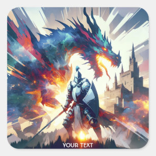 Fantasy Cute Dragon Fighting Knight Square Sticker