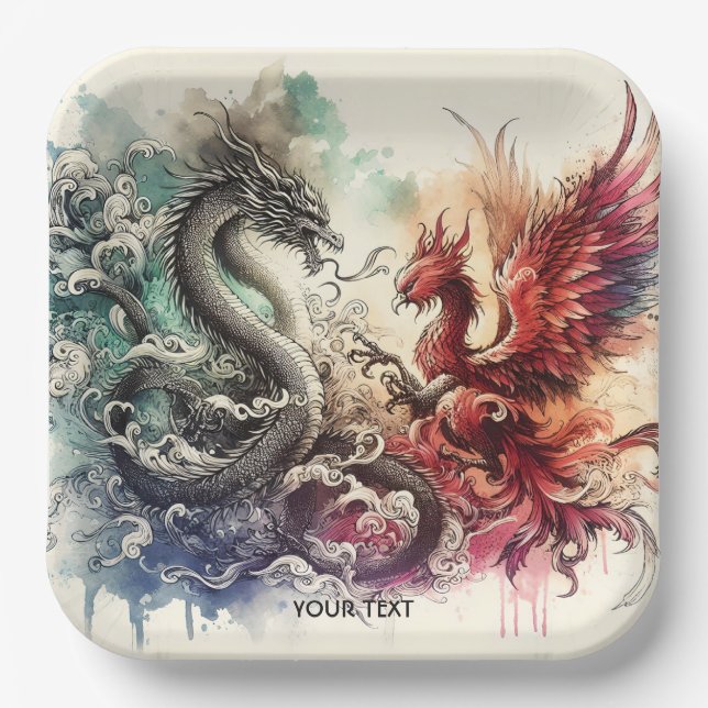 Fantasy Cute Dragon Phoenix Ink Paper Plate (Front)