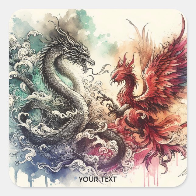 Fantasy Cute Dragon Phoenix Ink Square Sticker (Front)