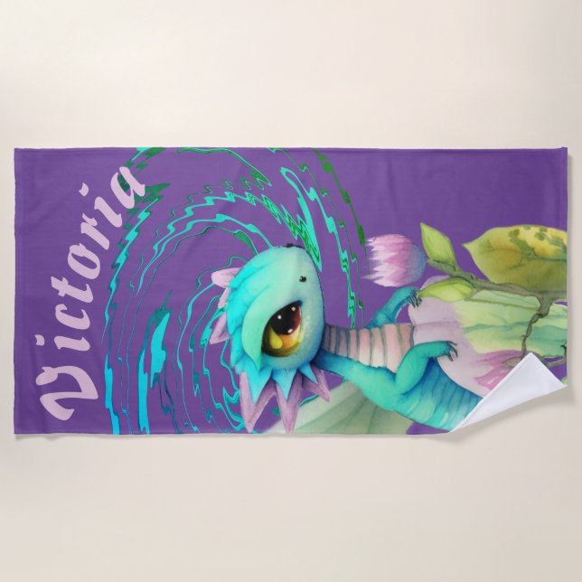 Fantasy Cute Dragon with Flower Cartoon Beach Towel (Front)