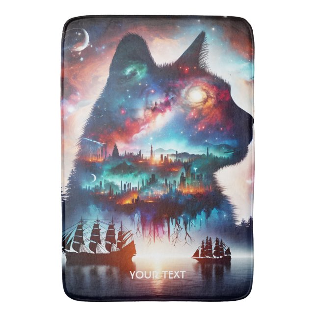 Fantasy Cute Dreams Space Cat Bath Mat (Front Vertical)