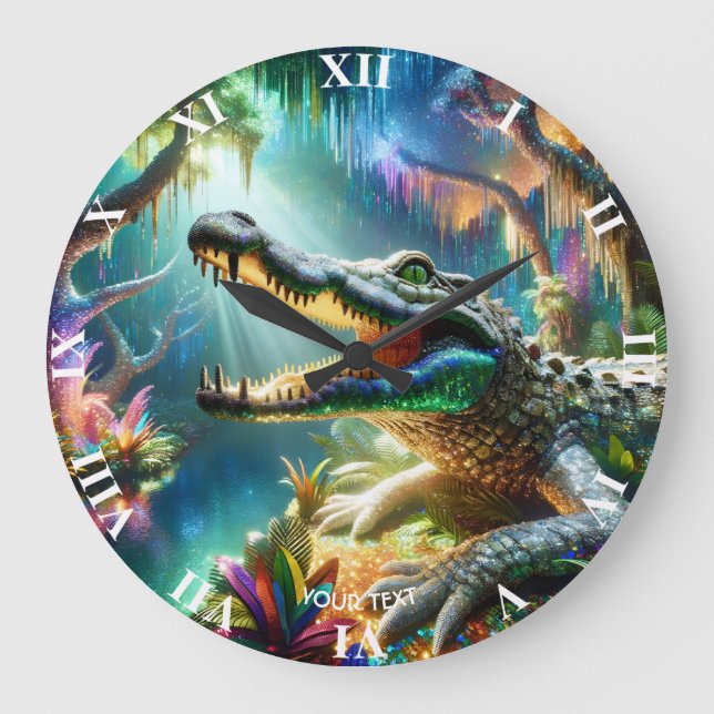 Fantasy Cute Enchanted Crocodile Jungle Large Clock (Front)
