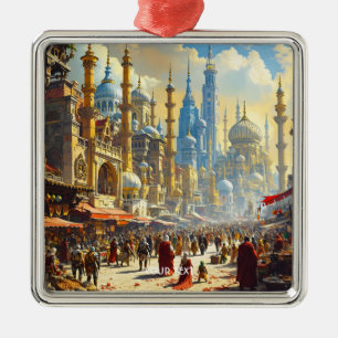 Fantasy Cute Fantastical City Market Metal Ornament