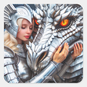Fantasy Cute Female Warrior Dragon Square Sticker