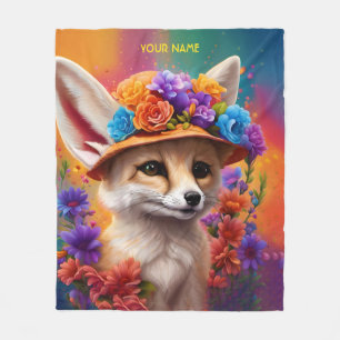 Fantasy Cute Fennec Fox Flowers Fleece Blanket