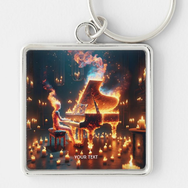 Fantasy Cute Fire Piano Girl Keychain (Front)