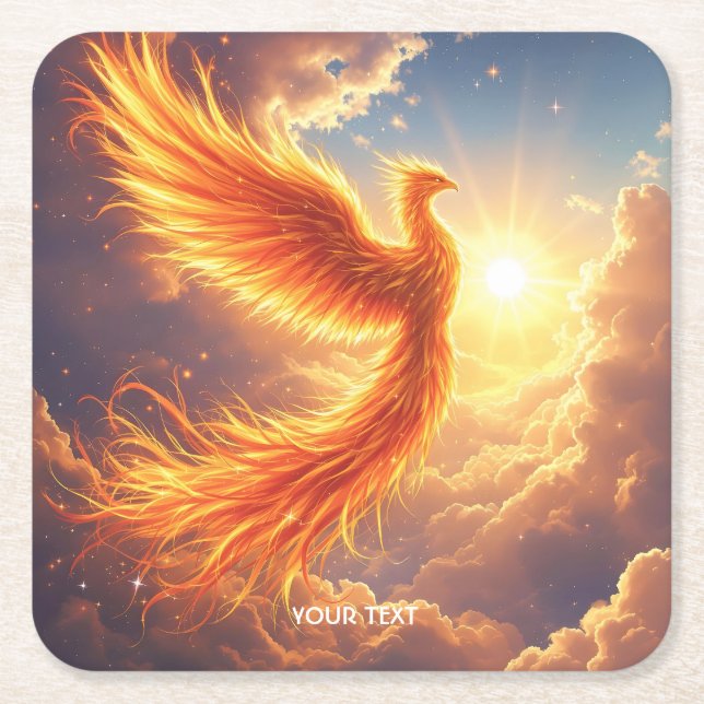 Fantasy Cute Flaming Phoenix Rises Square Paper Coaster (Front)
