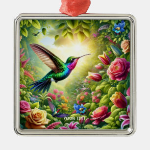 Fantasy Cute Flowers Rainbow Hummingbird Metal Ornament