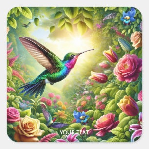 Fantasy Cute Flowers Rainbow Hummingbird Square Sticker