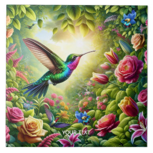 Fantasy Cute Flowers Rainbow Hummingbird Tile