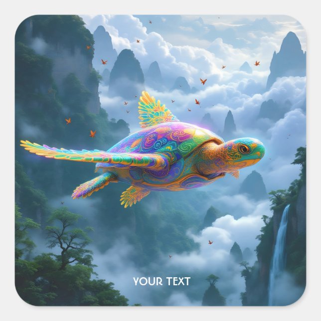 Fantasy Cute Flying Rainbow Turtle Square Sticker (Front)