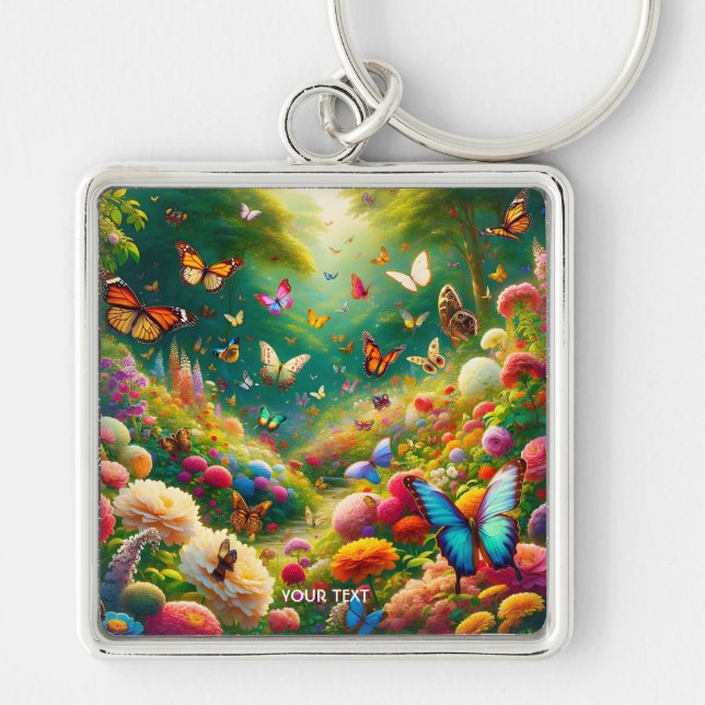 Fantasy Cute Forest Flowers Butterflies Keychain (Front)