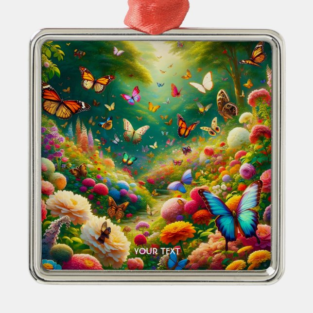 Fantasy Cute Forest Flowers Butterflies Metal Ornament (Front)