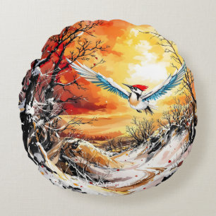 Fantasy Cute Forest Woodpecker Sunset Round Pillow