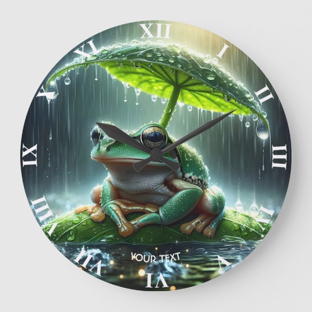 Fantasy Cute Frog Leaf Umbrella Large Clock (Front)