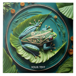 Fantasy Cute Frog Leaves Filigree Tile