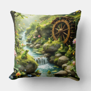 Fantasy Cute Frog River Forest Throw Pillow