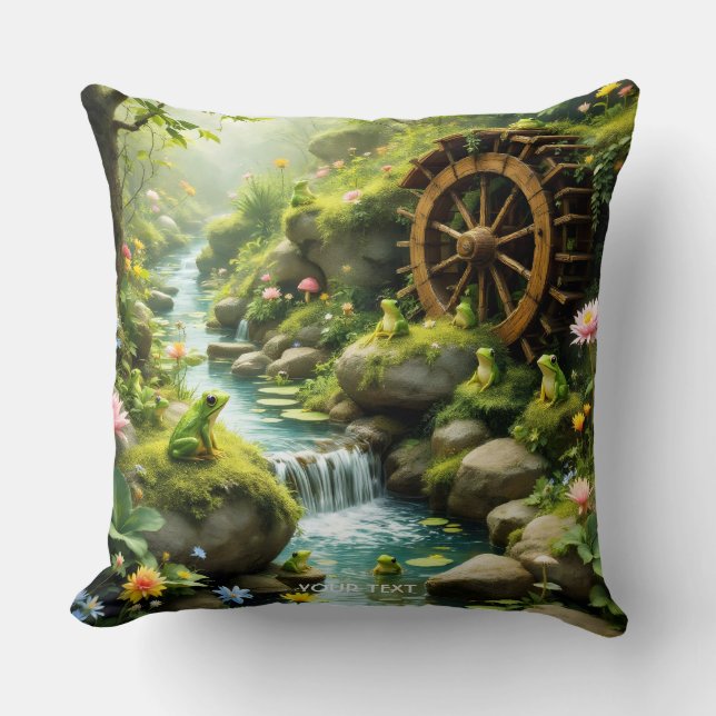 Fantasy Cute Frog River Forest Throw Pillow (Front)